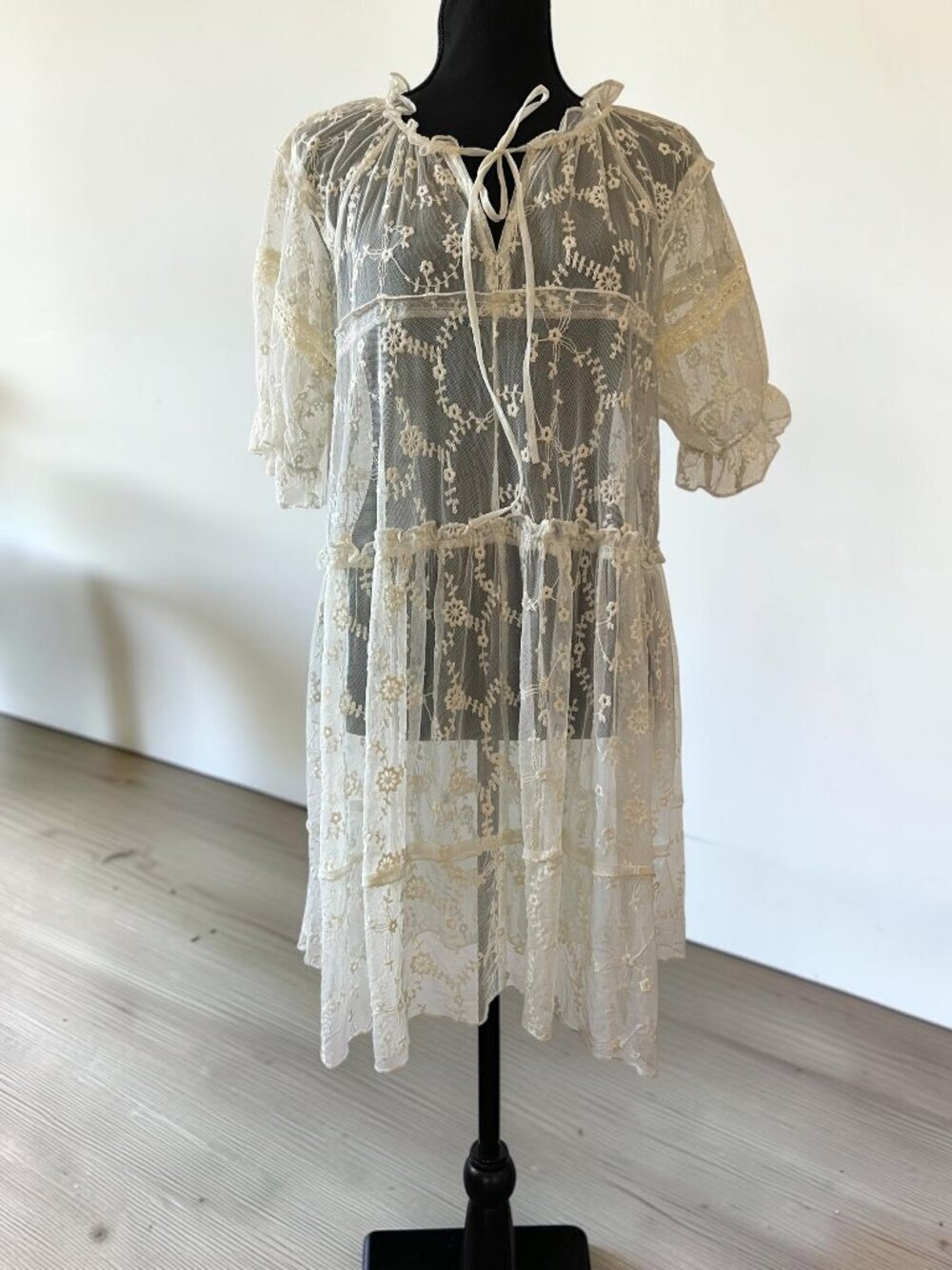 MELLODAY Cream Sheer Embroidered Lace Duster Dress Boho Coquette Fairycore Tunic - Picture 2 of 4
